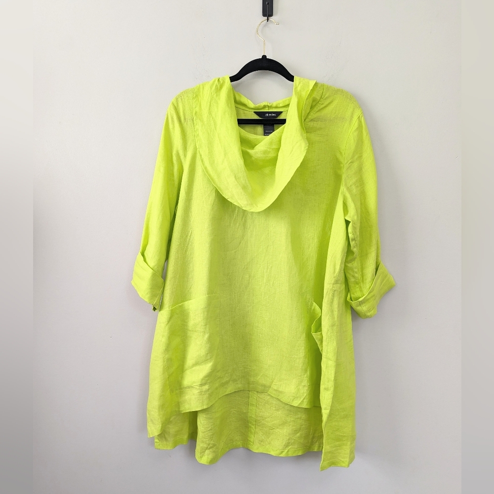 Ali Miles Neon Green Linen Cowl Neck  Tunic Top Roll-Tab Pockets‎ Womens L Artsy